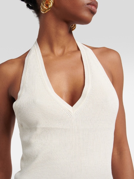Nili Lotan Tops - NILI LOTAN IVEY SILK HALTER, XSMALL Cream Ribbed Halter V-Neck Tank Top